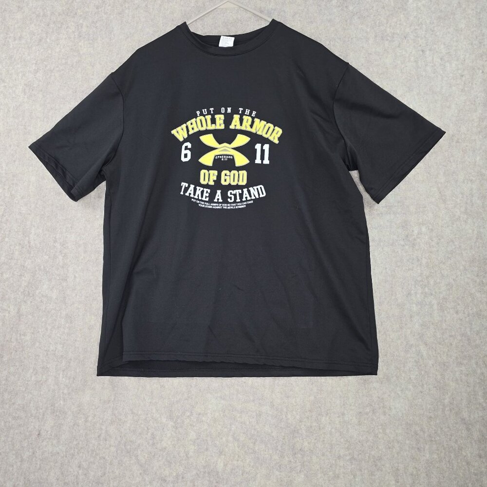 Whole Armor Of God Men Black Graphic T-Shirt XXL Polyester Crewneck Short Sleeve